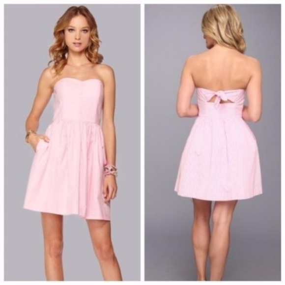 Lilly Pulitzer Dresses & Skirts - Lilly Pulitzer Richelle Pink Stripe Searsucker Strapless Tie Back Dress